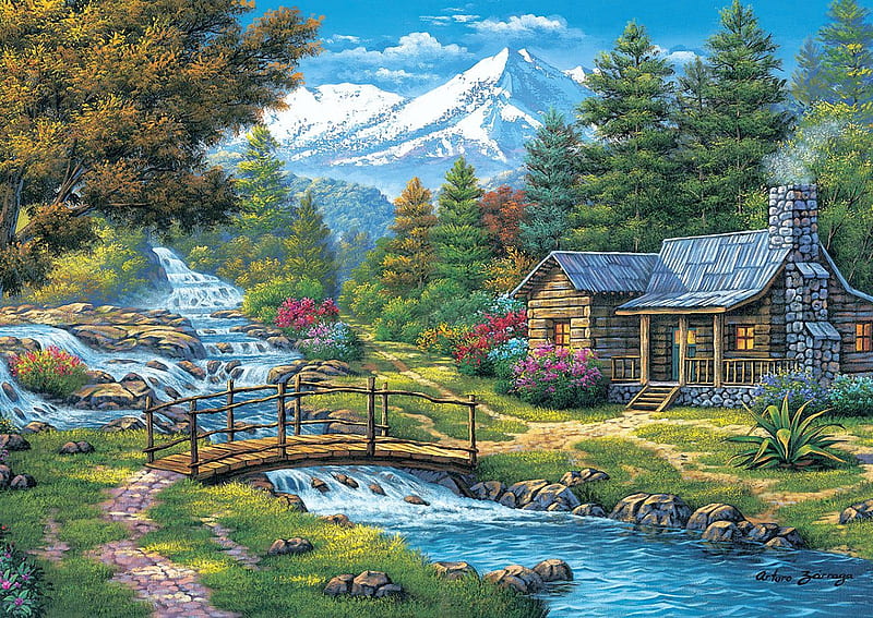Two small waterfalls, bridge, mountains, painting, river, cabin, nature, trees, artwork, HD wallpaper