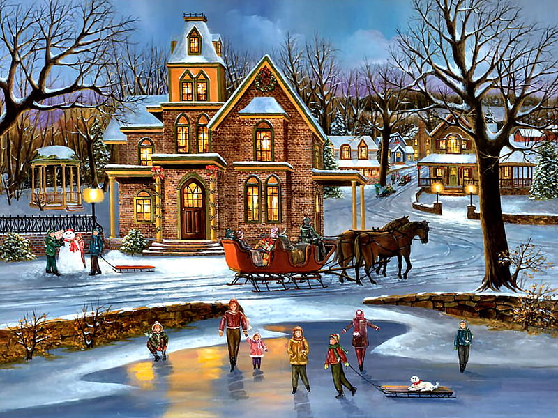 Sleigh Ride Christmas F1, architecture, Christmas, art, cottage ...