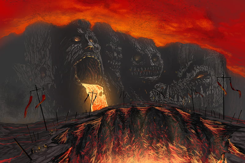 volcano, mountain, statues, red sky, artwork, Fantasy, HD wallpaper volcano, mountain, statues, red sky, artwork, Fantasy, HD wallpaper