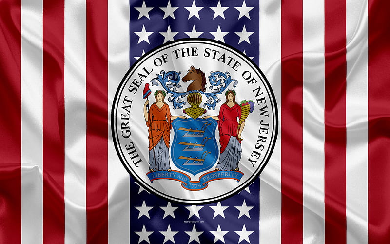 New Jersey, USA American state, Seal of New Jersey, silk texture, US states, emblem, states seal, American flag, HD wallpaper