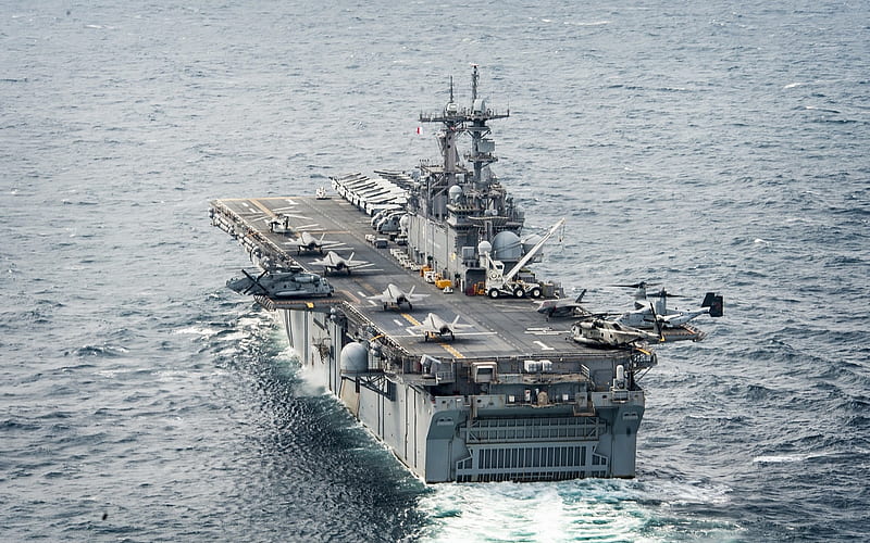 USS Wasp, L-1, amphibious assault ship, United States Navy, lead ship, Lockheed Martin F-35 Lightning II, F-35B, US Navy, USA, HD wallpaper