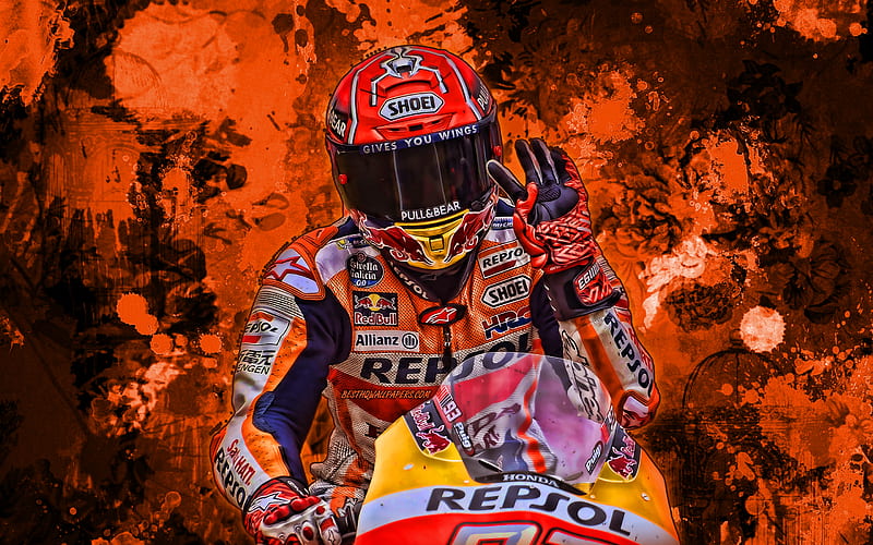 Marc Marquez, orange paint splashes, MotoGP, 2019 bikes, Honda RC213V ...