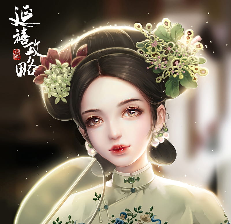 Empress, frumusete, luminos, green, girl, asian, face, milkyu dong, fantasy, HD wallpaper