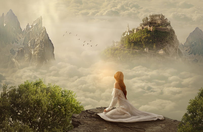beautiful fantasy girl, white dress, mist, clouds, castle, Fantasy, HD wallpaper