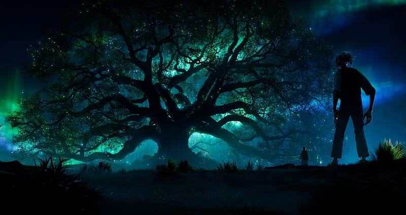 The BFG (2016), tree, fantasy, green, movie, the BFG, blue, disney, poster, luminos, silhouette, HD wallpaper