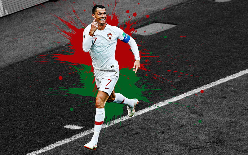 Cristiano Ronaldo Portugal national football team, football game, green red splashes of paint, grunge art, creative art, Portugal, CR7, football superstar, HD wallpaper