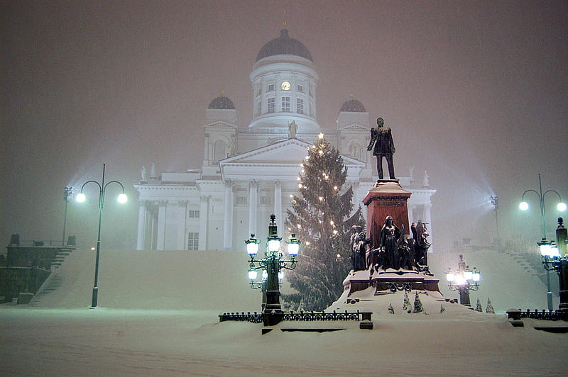 Helsinki, church, snow, statue, winter, HD wallpaper