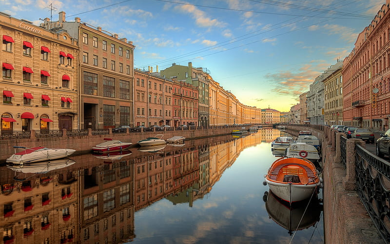 Saint Petersburg, Russia, city, boats, Russia, canal, houses, Saint Petersburg, street, HD wallpaper