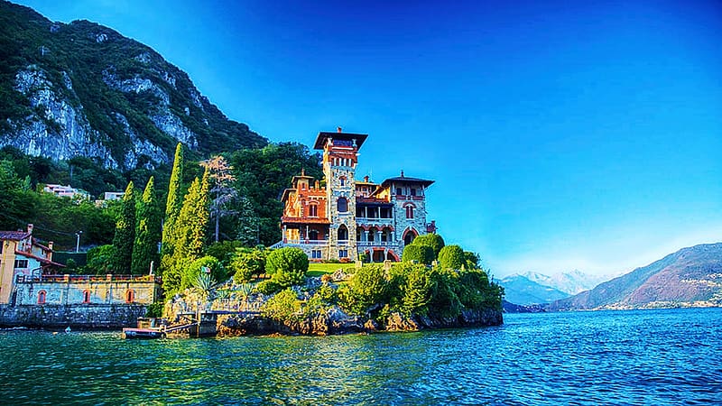Villa Gaeta near Menaggio on Lake Como, alps, mountains, water, landscape, trees, italy, HD wallpaper