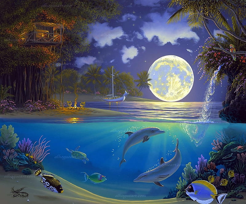 Moonlit Symphony, moons, underwater, oceans, house tree, love four seasons, attractions in dreams, sea, paintings, paradise, beaches, sea fife, summer, seaside, nature, HD wallpaper