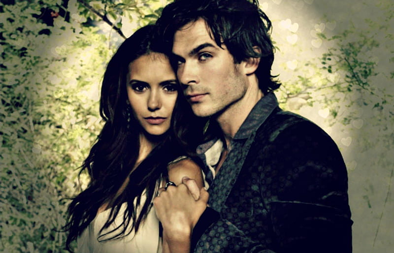 Elena and Damon, ian somerhalder, nina dobrev, vampire diaries, black, man, woman, damon, elena, girl, green, actress, love, tv series, couple, HD wallpaper