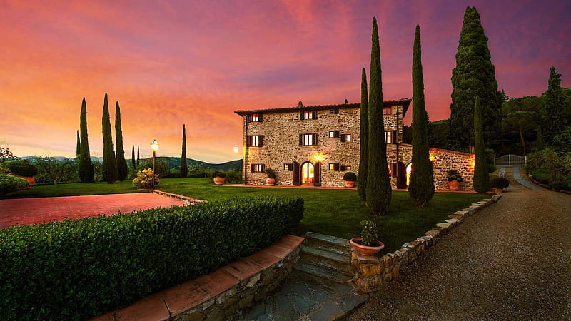 Mansion in Tuscany, Italy, Building, Tuscany, Mansion, Italy, Sunset, HD wallpaper