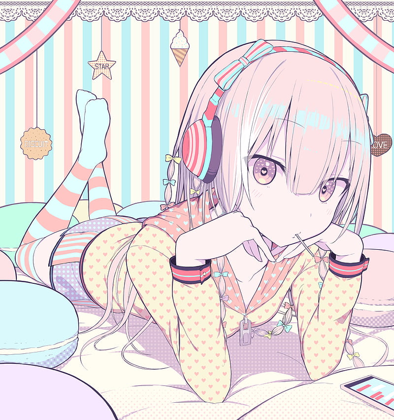 anime, anime girls, headphones, legs up, in bed, HD phone wallpaper