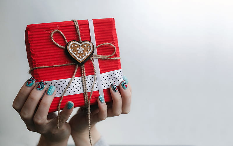 red gift box, gift in the hands, female hands, gifts concepts, giving a gift, HD wallpaper