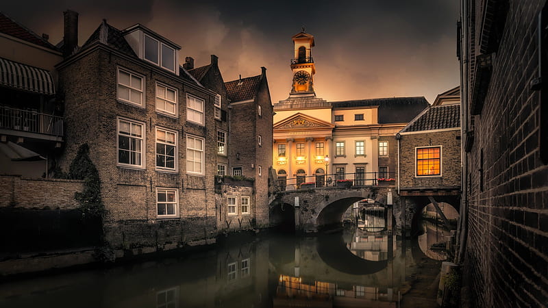 Man Made, Canal, Bridge, Building, Evening, House, Netherlands, Tower, Water, HD wallpaper