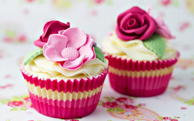 Cupcakes, food, rose, flower, pink, cream, dessert, sweet, HD wallpaper