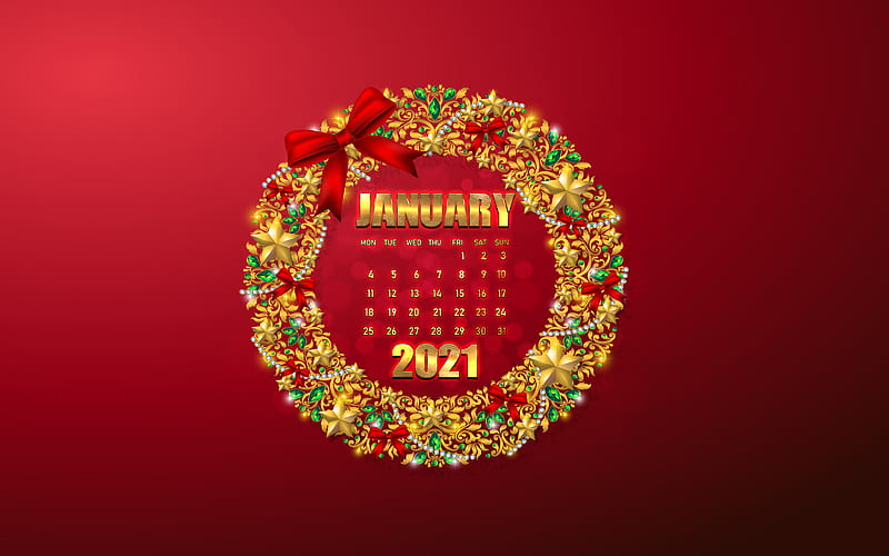 January 2021 Calendar, red background, 2021 concepts, January, Christmas frame, Christmas golden ornament, New Year, January 2021, calendar, HD wallpaper