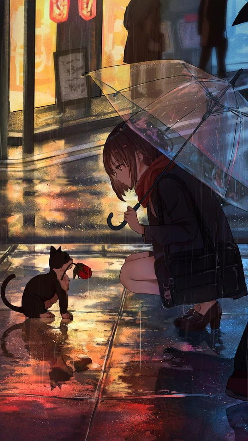 white-haired girl in the rain with an umbrella lomdy - Illustrations ART  street