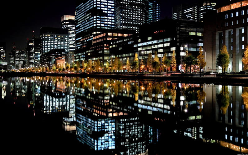 Nightlife Reflection, water, refection, mirror, lights, night, skyscrapers, HD wallpaper