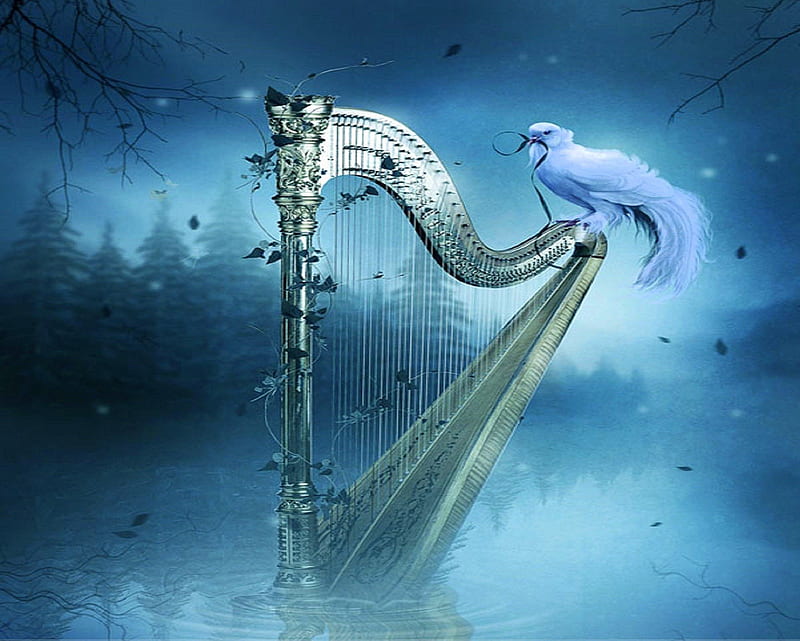 ~Wind & Harp~, pretty, adorable, digital art, fantasy, manipulation, harp, animals, blue, lovely, blue dreams, ribbon, wind, colors, creative pre-made, cool, leaves falls, bird, plants, backgrounds, wind and harp, HD wallpaper