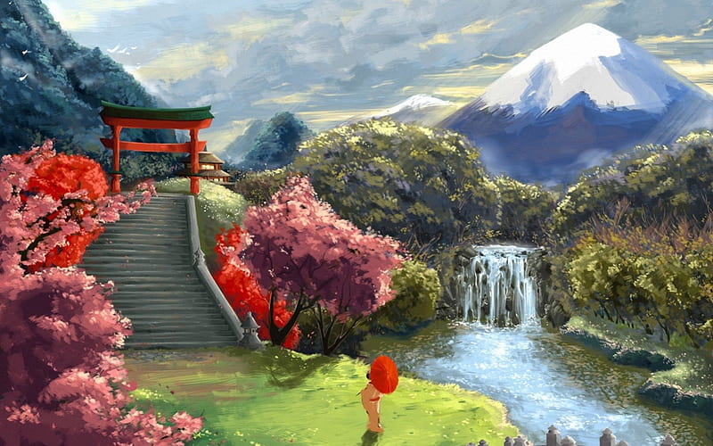 Spring, red, bloom, stairs, umbrella, woman, geisha, mountain, fantasy, green, temple, waterfall, pink, blue, art, tree, water, flower, asian, white, HD wallpaper