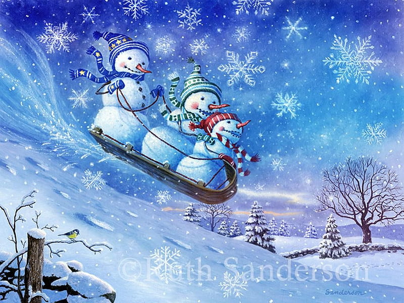 Snowmen, tree, snow, artwork, sledge, winter, HD wallpaper