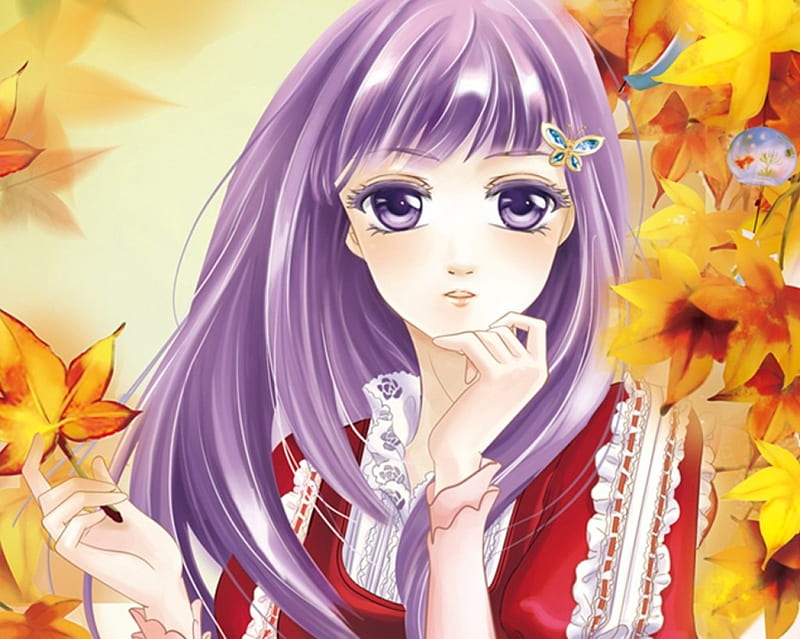 Autumn maple leaves, wind chime, pretty, dress, autumn, bonito, wing, hairpin, sweet, leaves, nice, butterfly, anime, beauty, anime girl, long hair, female, wings, lovely, maple, gown, purple hair, leaf, cute, girl, lady, maiden, HD wallpaper