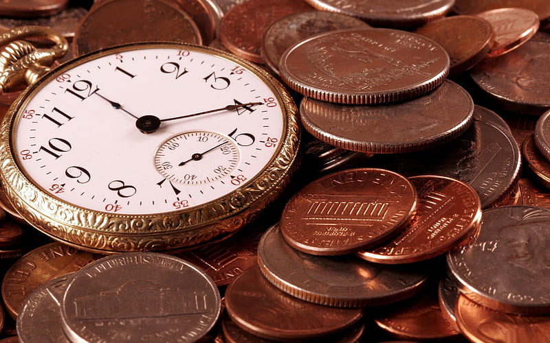 watch, time is money, capital, pocket watch, money, cents, godinniki, centi, HD wallpaper