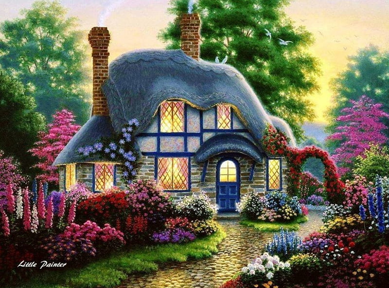A COTTAGE with FLOWERS, art, house, cottage, sunset, paintings, splendor, pencil, drawing, nature, landscape, HD wallpaper