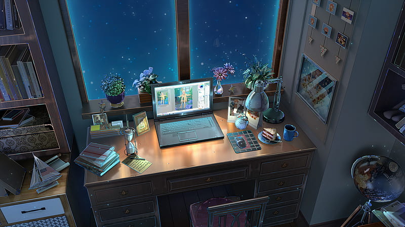 Anime, Room, Computer, Night, HD wallpaper