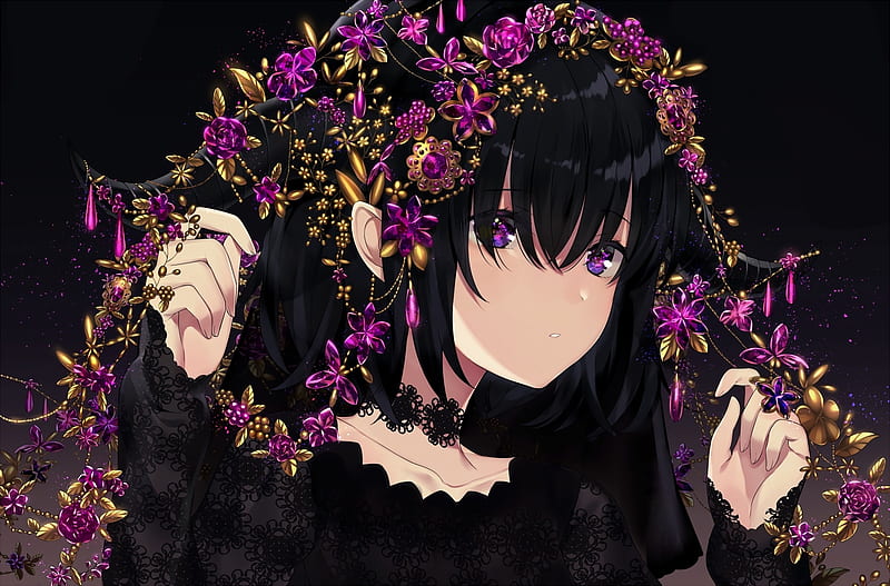 anime girl, black hair, choker, purple eyes, Anime, HD wallpaper