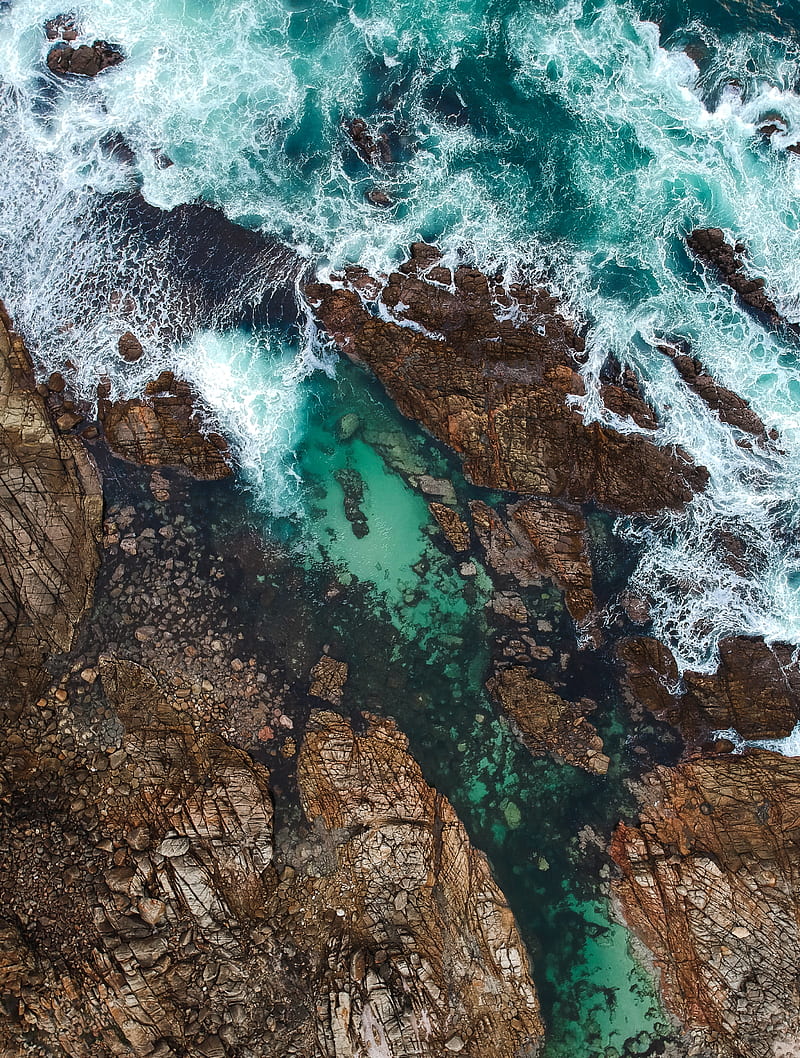 rocks, ocean, aerial view, coast, waves, HD phone wallpaper
