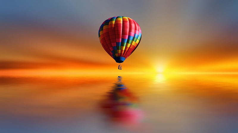Hot Air Balloon Over Water At Sunset, ballon, ocean, sunset, nature, reflection, sea, HD wallpaper