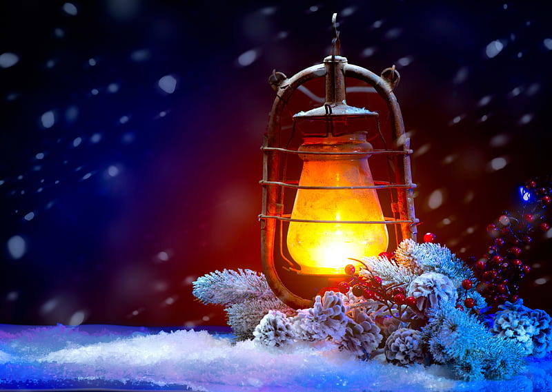 Blue Christmas, candle, glow, lantern, winter, pine cones, garland ...