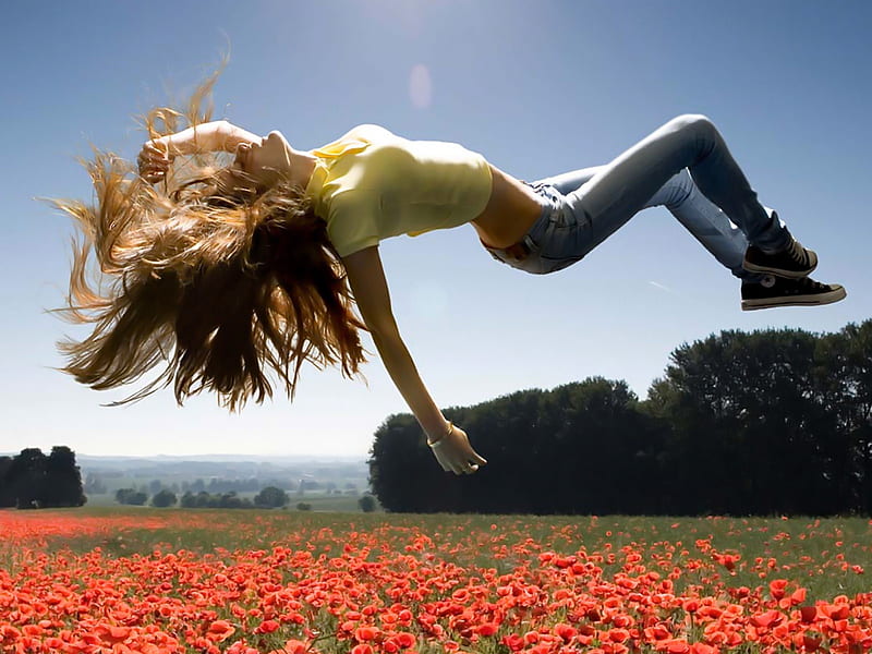 Floating, red, sky, sexy, women, happy, tree, girl, flowers, nature, beuty, jump, blue, HD wallpaper