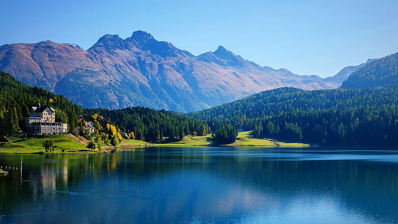 Pristine Morning At Lake St. Moritz, forest, bonito, Switzerland, lake, building, mountains, summer, calm waters, green grass, blue sky, HD wallpaper