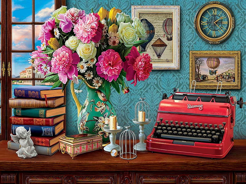 Writers Paradise, candle, flowwers, type, writer, paradise painting, puzzle, HD wallpaper