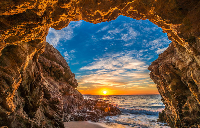 Caves, Cave, Ocean, Rock, Sunset, HD wallpaper