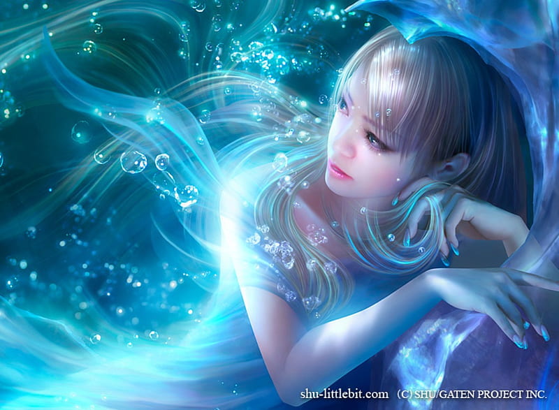 The Beauty, female, magic, abstract, sexy, cute, fantasy, 3d, water, girl, anime, hot, anime girl, light, blue, HD wallpaper