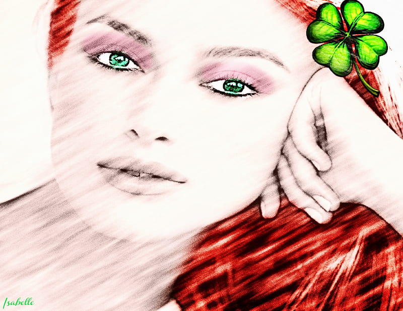 Irish Girl , sketch, Beauty, Irish Girl, Portrait, lucky clover, HD wallpaper