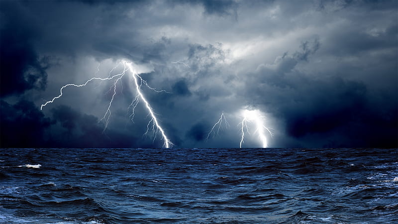 Lightning at Sea, ocean, thunder, sky, storm, sea, lightning, Firefox Persona theme, light, blue, HD wallpaper