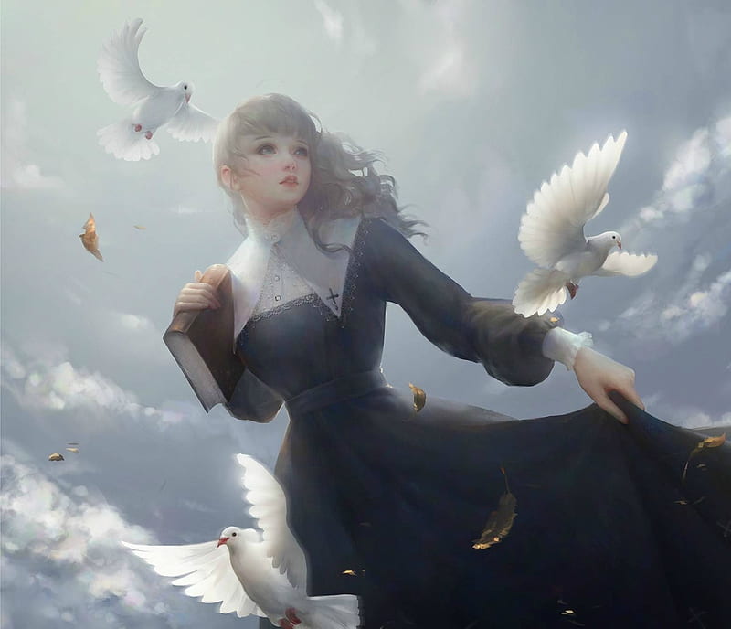 Girl and doves, wings, dress, luminos, book, black, weibo, fantasy, girl, bird, dove, white, HD wallpaper