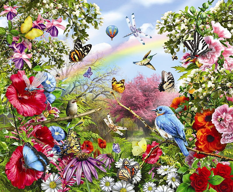 Summer garden, butterfly, bird, summer, pasari, flower, art, red, lori schory, vara, painting, pictura, HD wallpaper