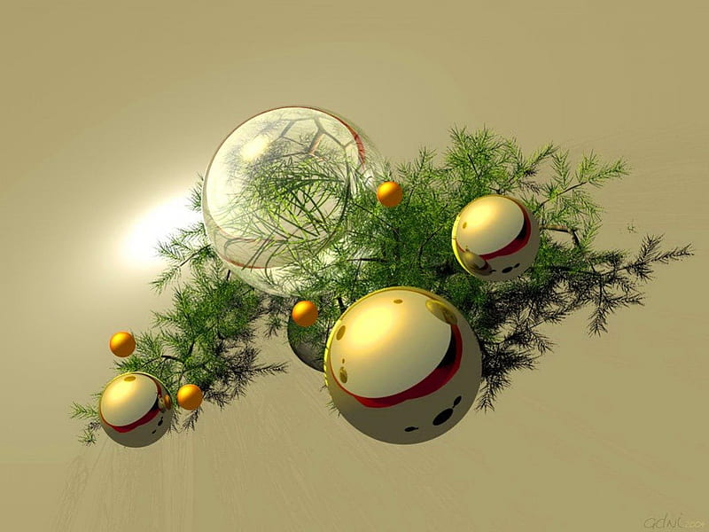 Holiday gold, ornaments, bough, gold, green, christmas, pine, HD wallpaper