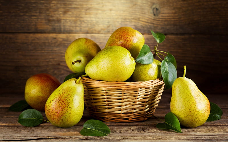 Pears in basket, autumn, pear, yellow, sweet, dessert, fruit, green, basket, summer, wood, HD wallpaper