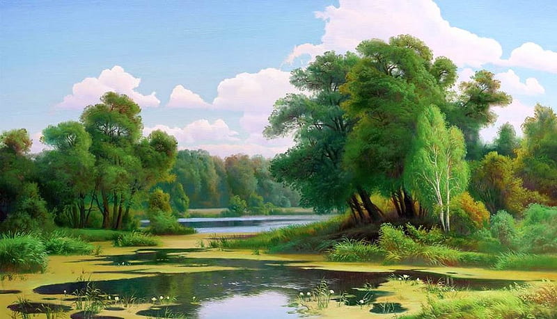 Unknown author, forest, art, painting, nature, river, HD wallpaper