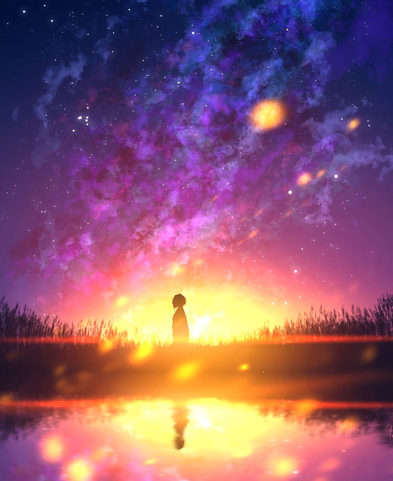 Silhouette, loneliness, reflection, light, sunset, anime, HD phone ...
