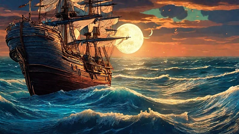 Sailing On A Full Moon, clouds, ship, moon, ocean, HD wallpaper