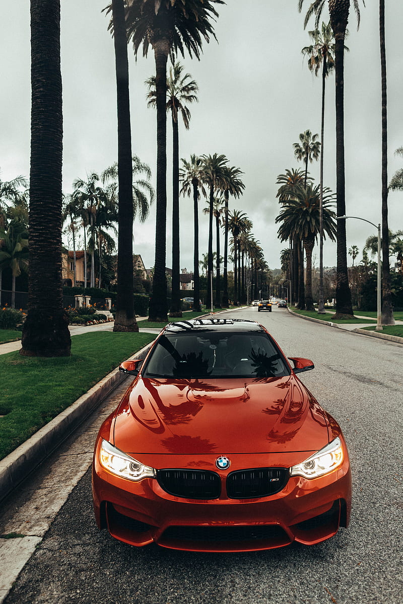 red BMW coupe parked at road, HD phone wallpaper