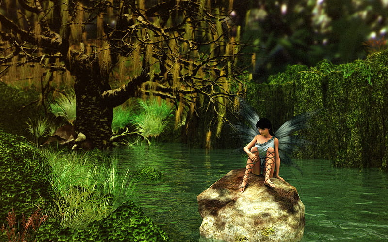 Swamp Dweller, faerie, tree, rock, river, swamp, fairy, HD wallpaper